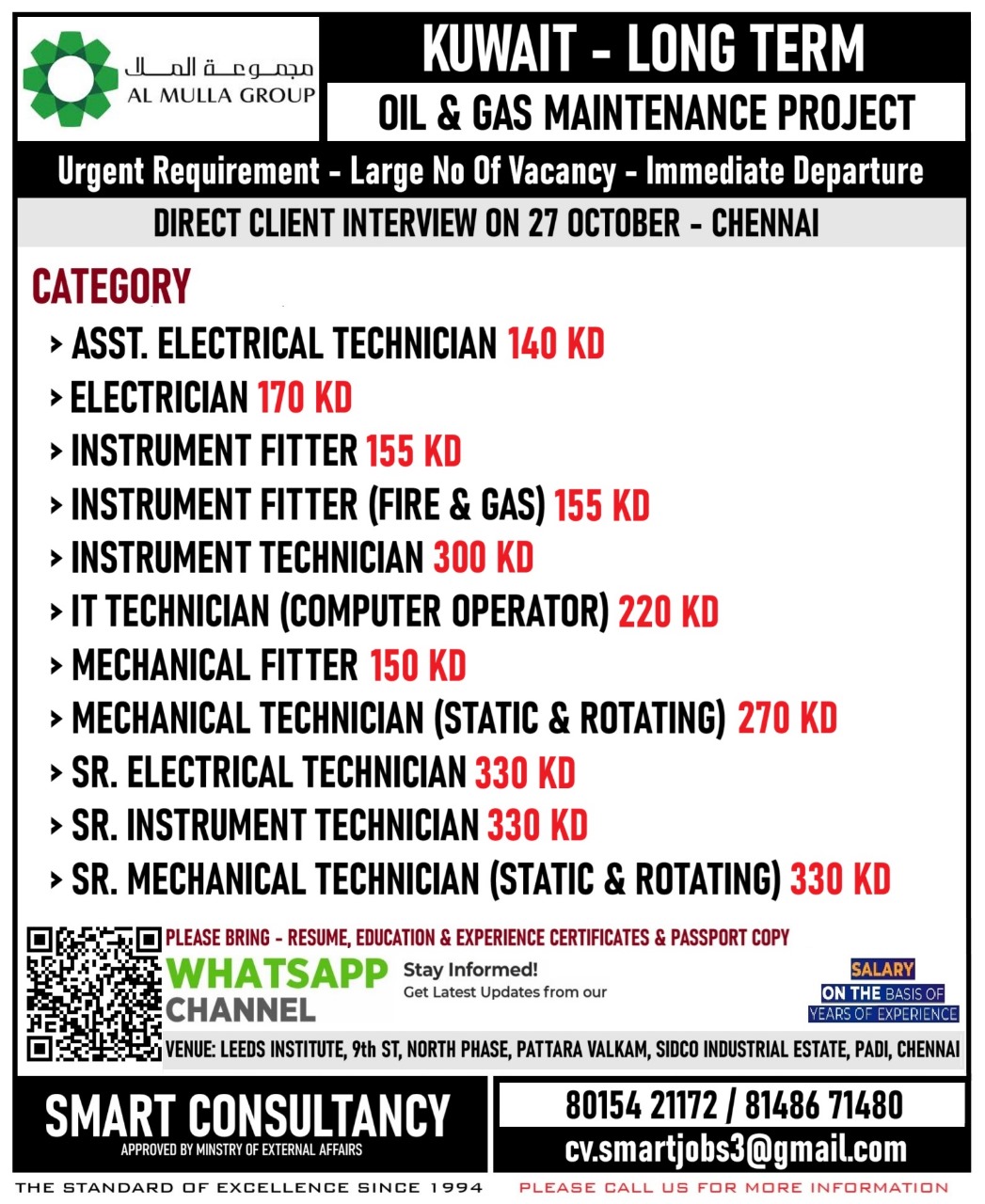 WANTED FOR A LEADING OIL & GAS MAINTENANCE COMPANY - SAUDI / DIRECT CLIENT INTERVIEW ON 27 OCT - CHENNAI