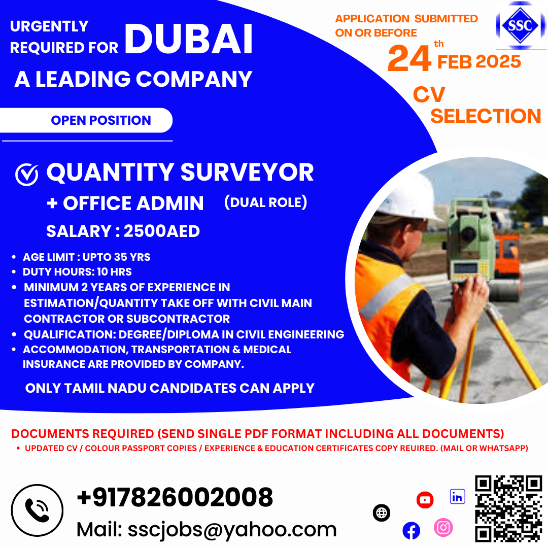 Quantity Surveyor & Office Admin (Dual Role) - Dubai - Salary 2500 AED - Apply Now!