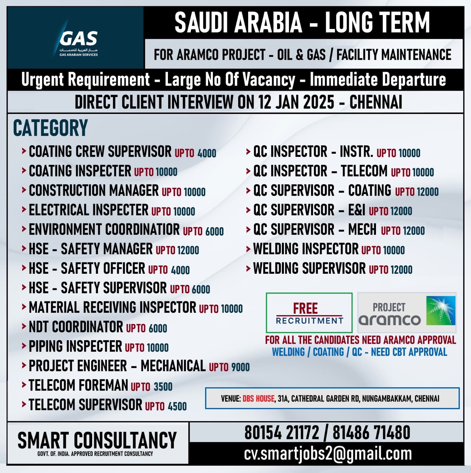 WANTED FOR A LEADING OIL & GAS COMPANY - SAUDI ARABIA - / DIRECT CLIENT INTERVIEW ON 12 JAN 2025 - CHENNAI