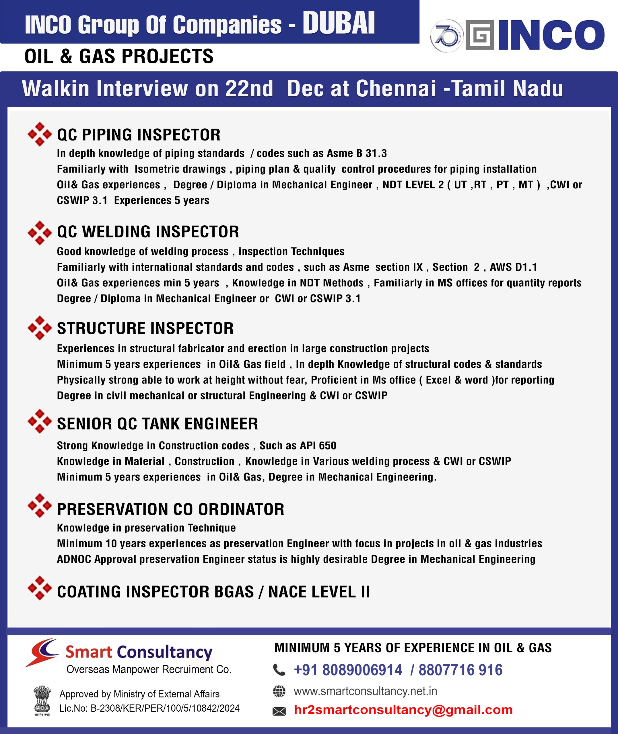 INCO GROUP OF COMPANIES - DUBAI WALKIN INTERVIEW ON 22nd DEC at CHENNAI - TAMIL NADU