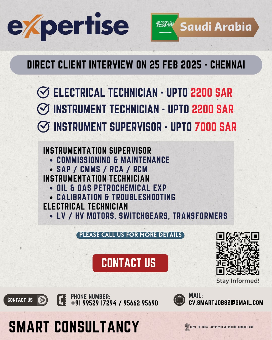 WANTED FOR A LEADING MAINTENANCE COMPANY - SAUDI / DIRECT CLIENT INTERVIEW ON 25 FEB - CHENNAI