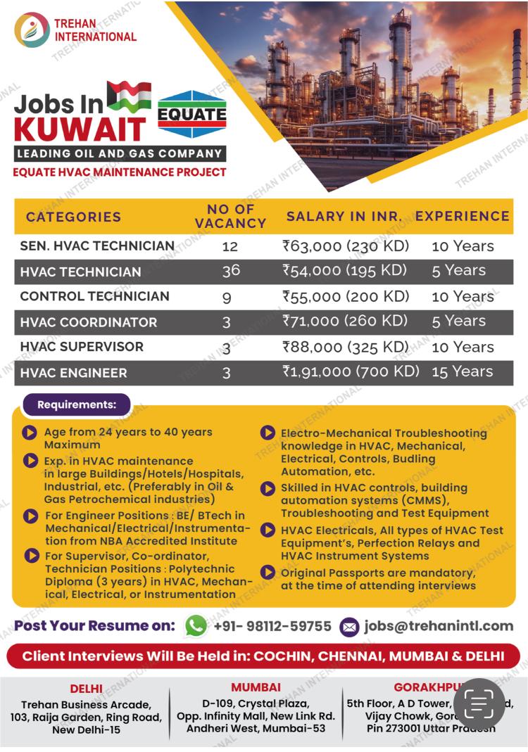  Walk-in Interview for Kuwait - EQUATE HVAC Maintenance Project