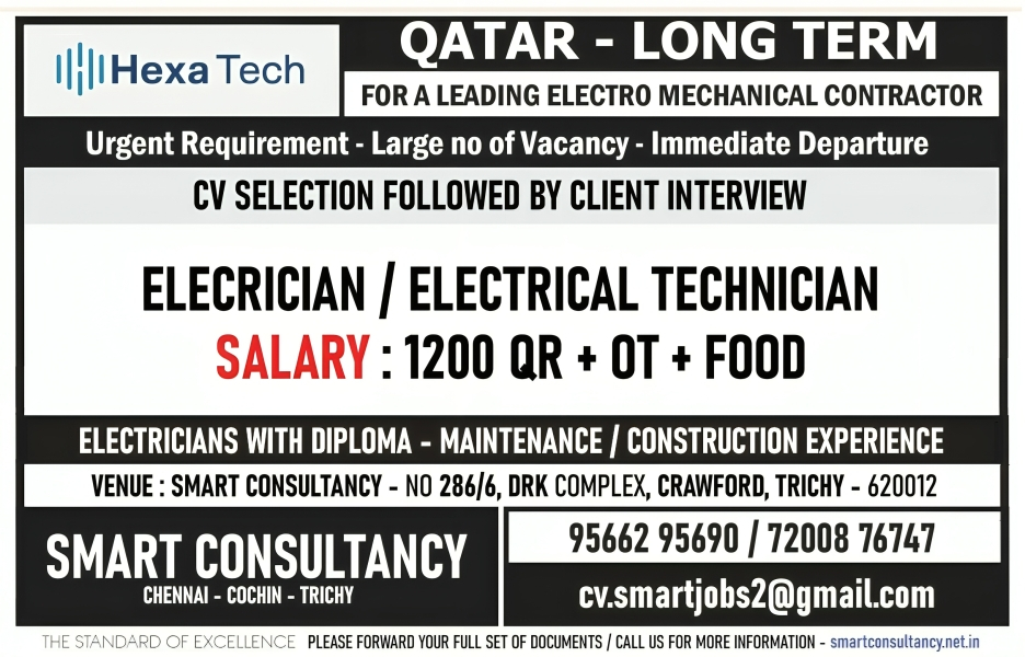 WANTED FOR A LEADING ELECTRO MECHANICAL COMPANY - QATAR