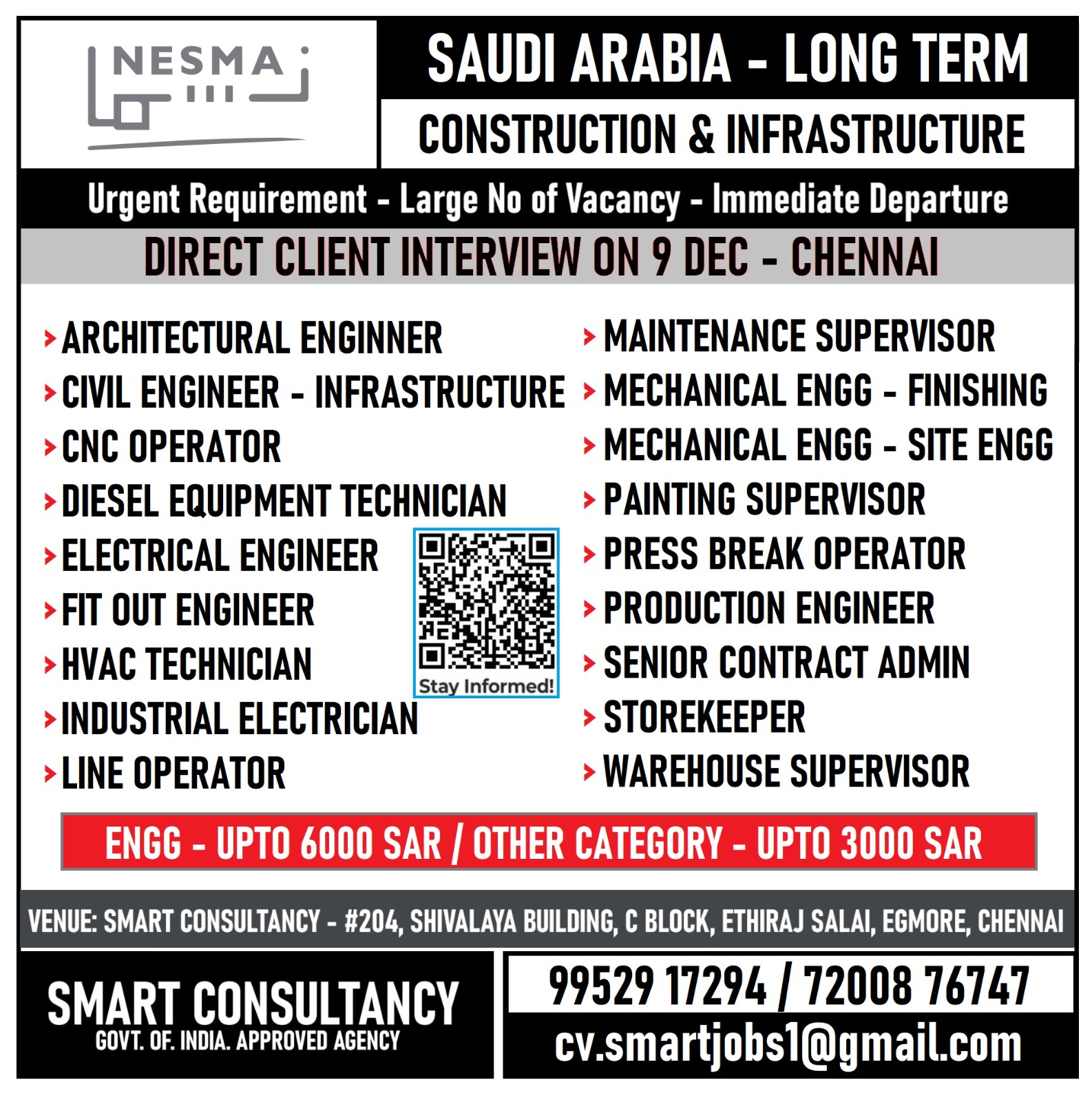 WANTED FOR A LEADING INFRASTRUCTURE / CONSTRUCTION COMPANY - SAUDI ARABIA  / DIRECT CLIENT INTERVIEW ON 9TH DEC  - CHENNAI