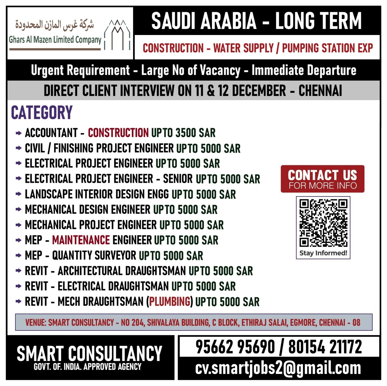 WANTED FOR A LEADING CONSTRUCTION COMPANY - SAUDI ARABIA  / DIRECT CLIENT INTERVIEW ON 11th & 12th DEC  - CHENNAI