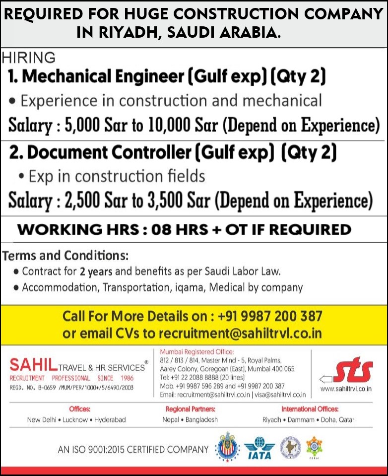 Urgent requirement for Huge construction company riyadh, saudi arabia.