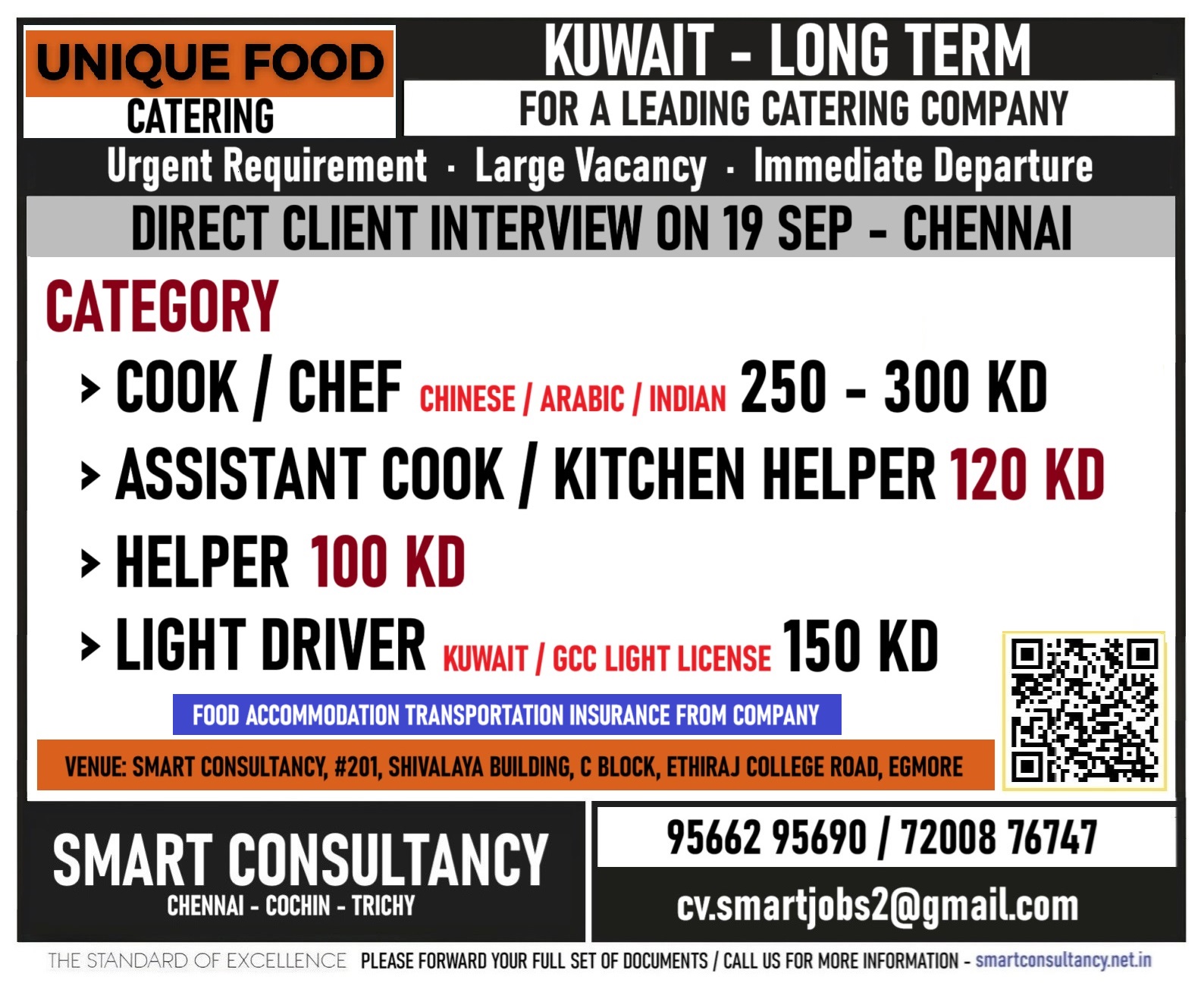 WANTED FOR A LEADING CATERING COMPANY - KUWAIT / DIRECT CLIENT INTERVIEW ON 19 SEP - CHENNAI