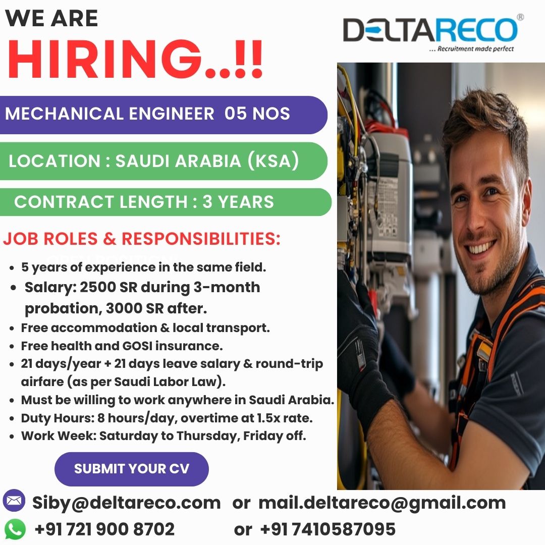 Hiring Mechanical Engineers for Saudi Arabia Location