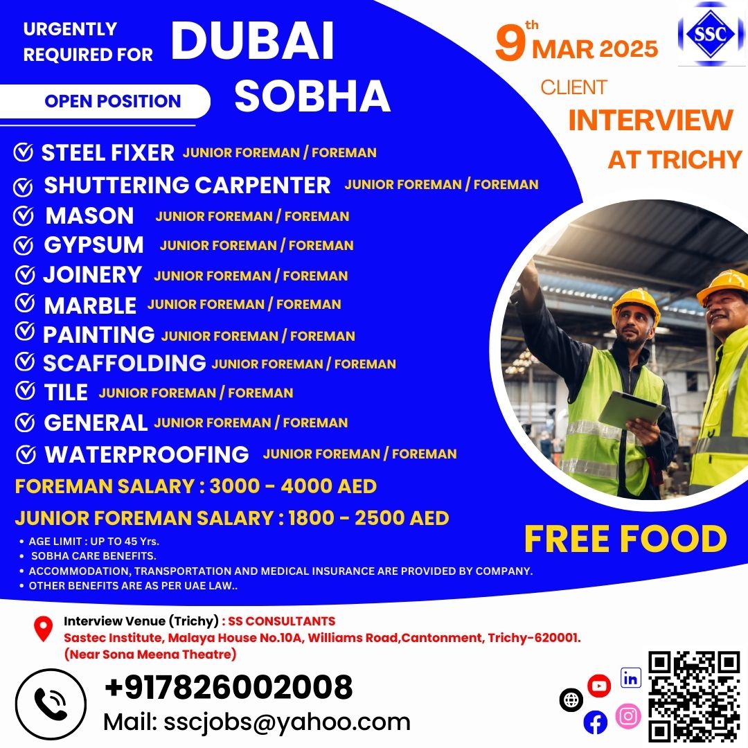 Urgently Hiring for Dubai Sobha Projects: Foreman & Junior Foreman Roles in Trichy - Apply Now!