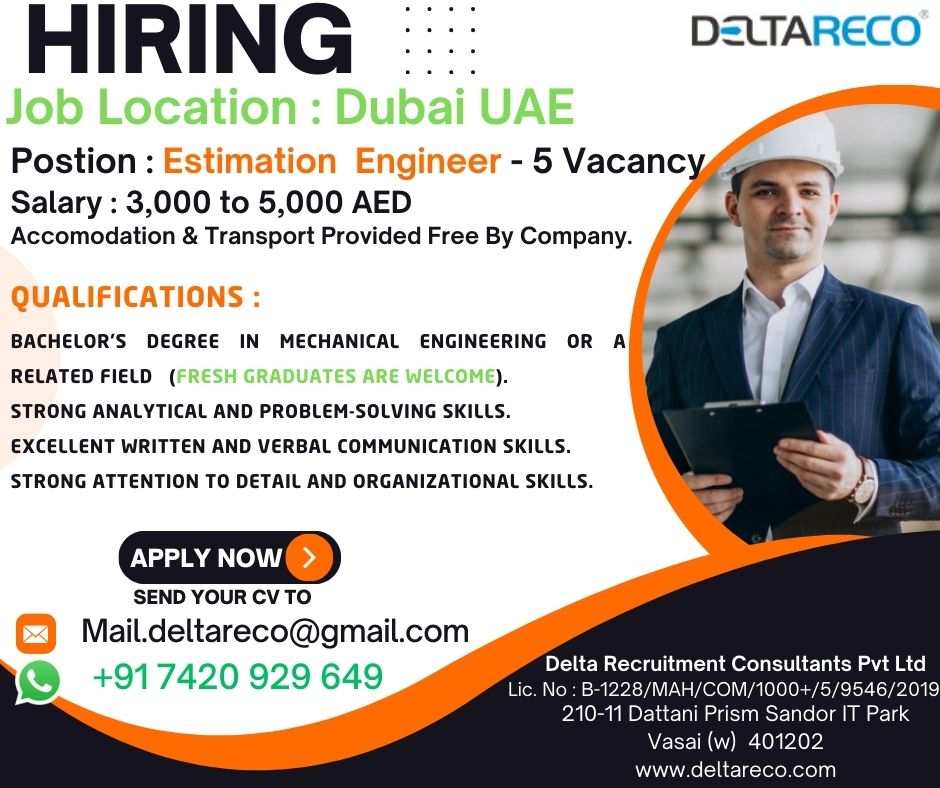 Hiring Estimation Engineer (mechanical) for Dubai, UAE