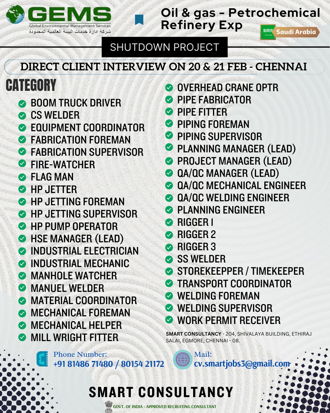 WANTED FOR A LEADING OIL & GAS COMPANY - SAUDI / DIRECT CLIENT INTERVIEW ON 20 & 21 FEB - CHENNAI