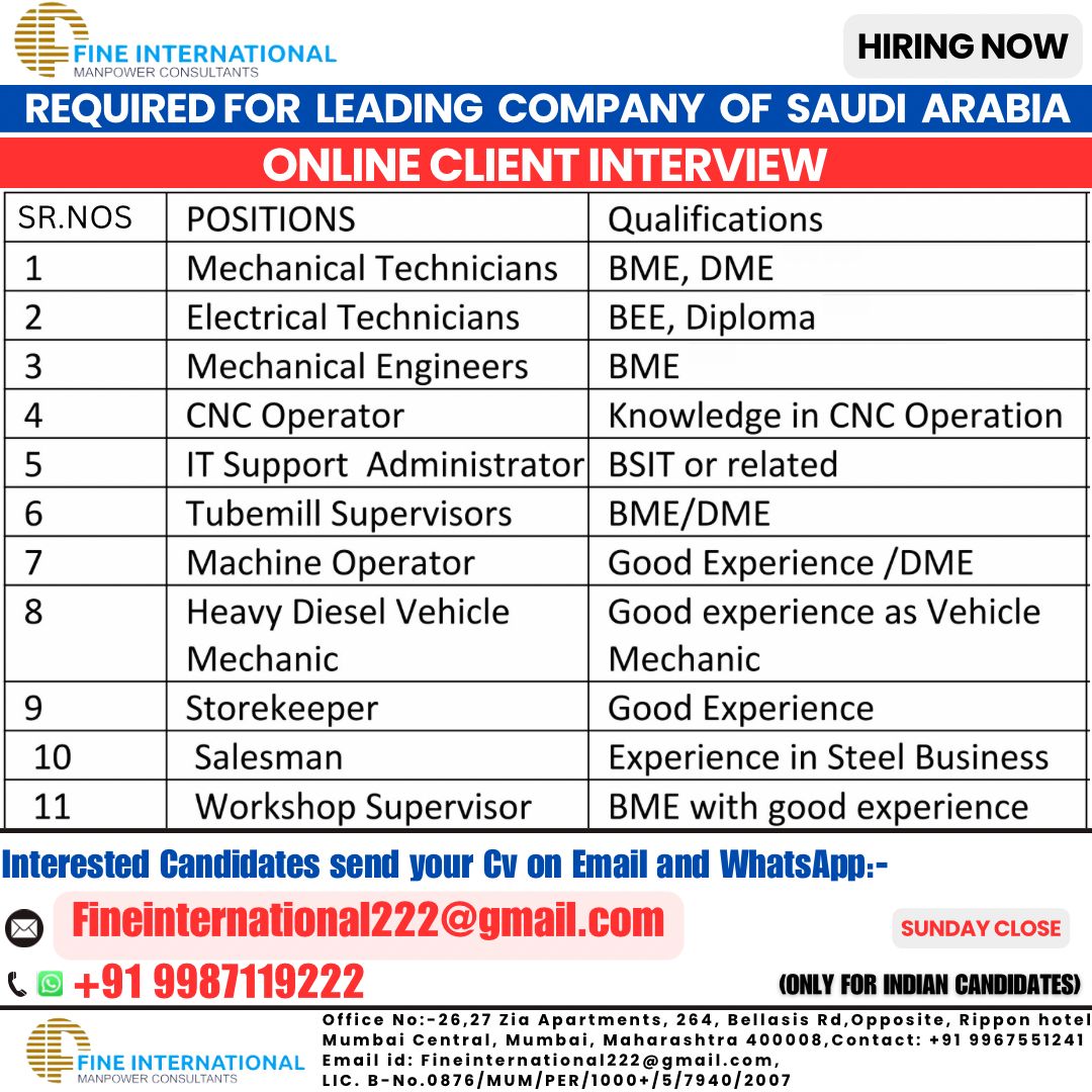 REQUIRED FOR LEADING STEEL COMPANY OF SAUDI ARABIA