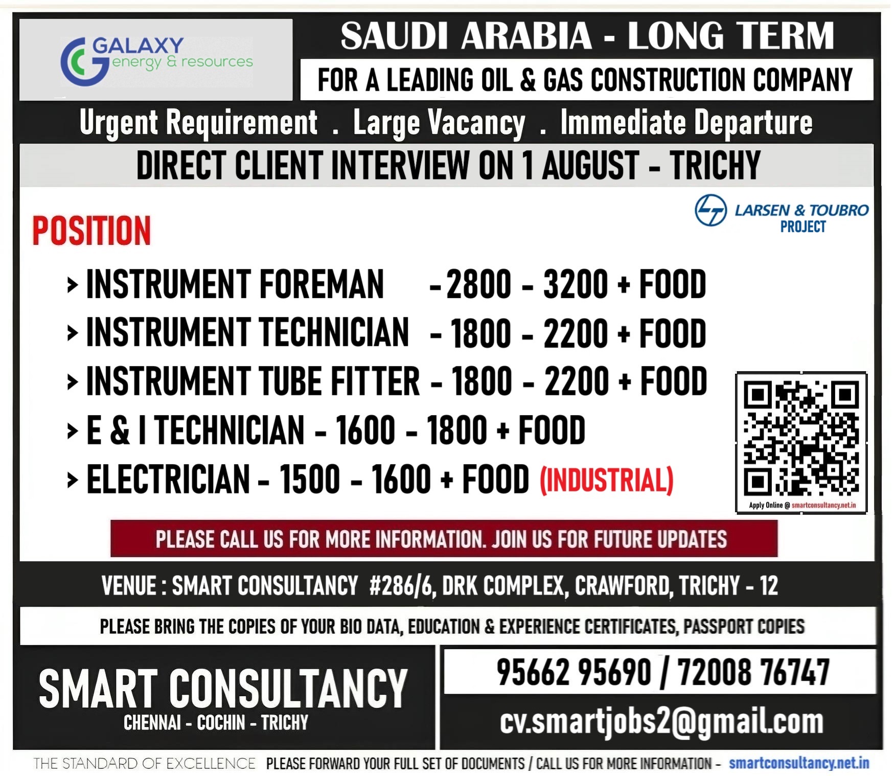 WANTED FOR A LEADING OIL & GAS CONSTRUCTION - SAUDI / DIRECT CLIENT INTERVIEW ON 1 AUGUST - TRICHY