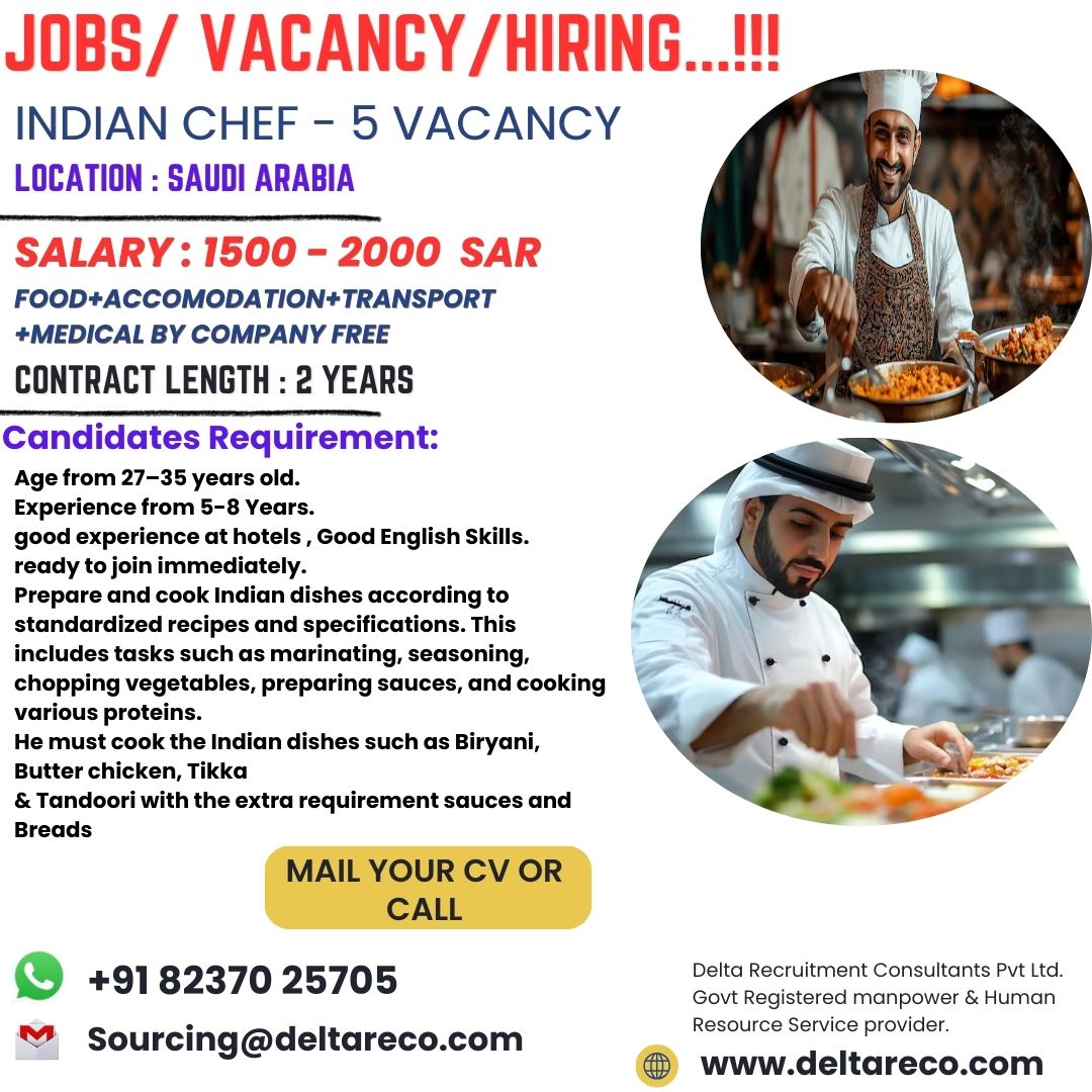 Hiring 5 Cook 5 chef for Saudi Arabia