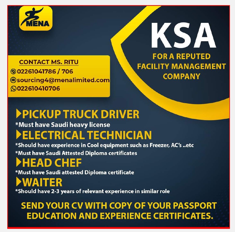 Hiring Truck Driver | Electrical Technician | Waiter for KSA