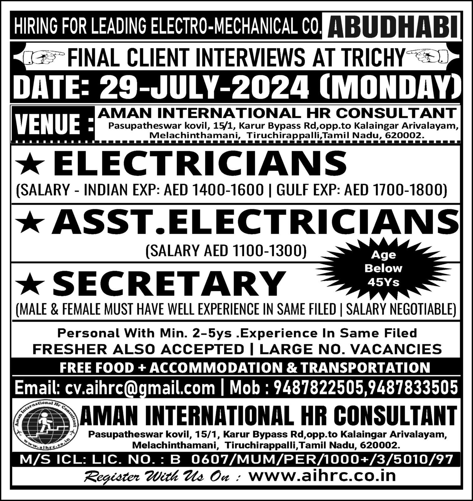 REQUIERD FOR ELECTRO MECHANICAL CO.ABUDHABI