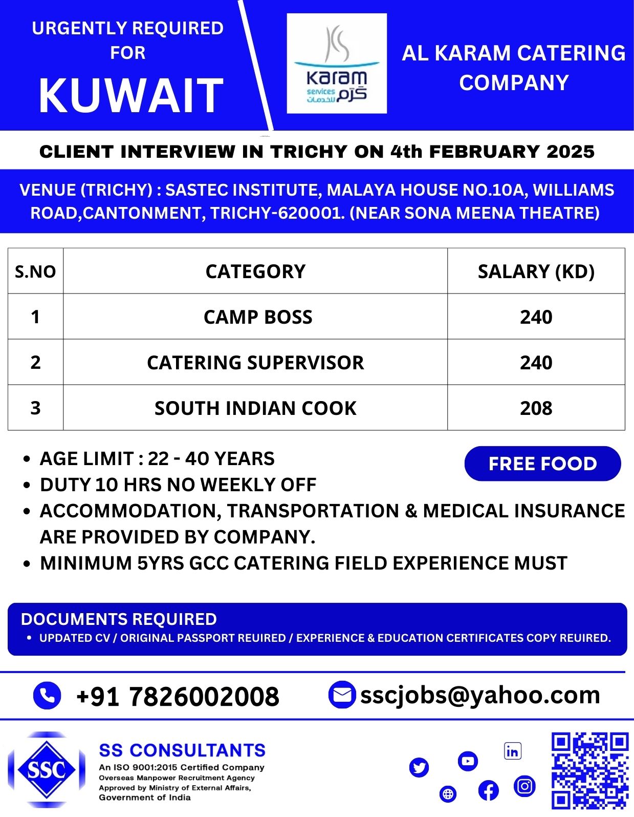 Urgently Required Catering Jobs in Kuwait - Apply Now for Client Interview in Trichy | SSC Jobs