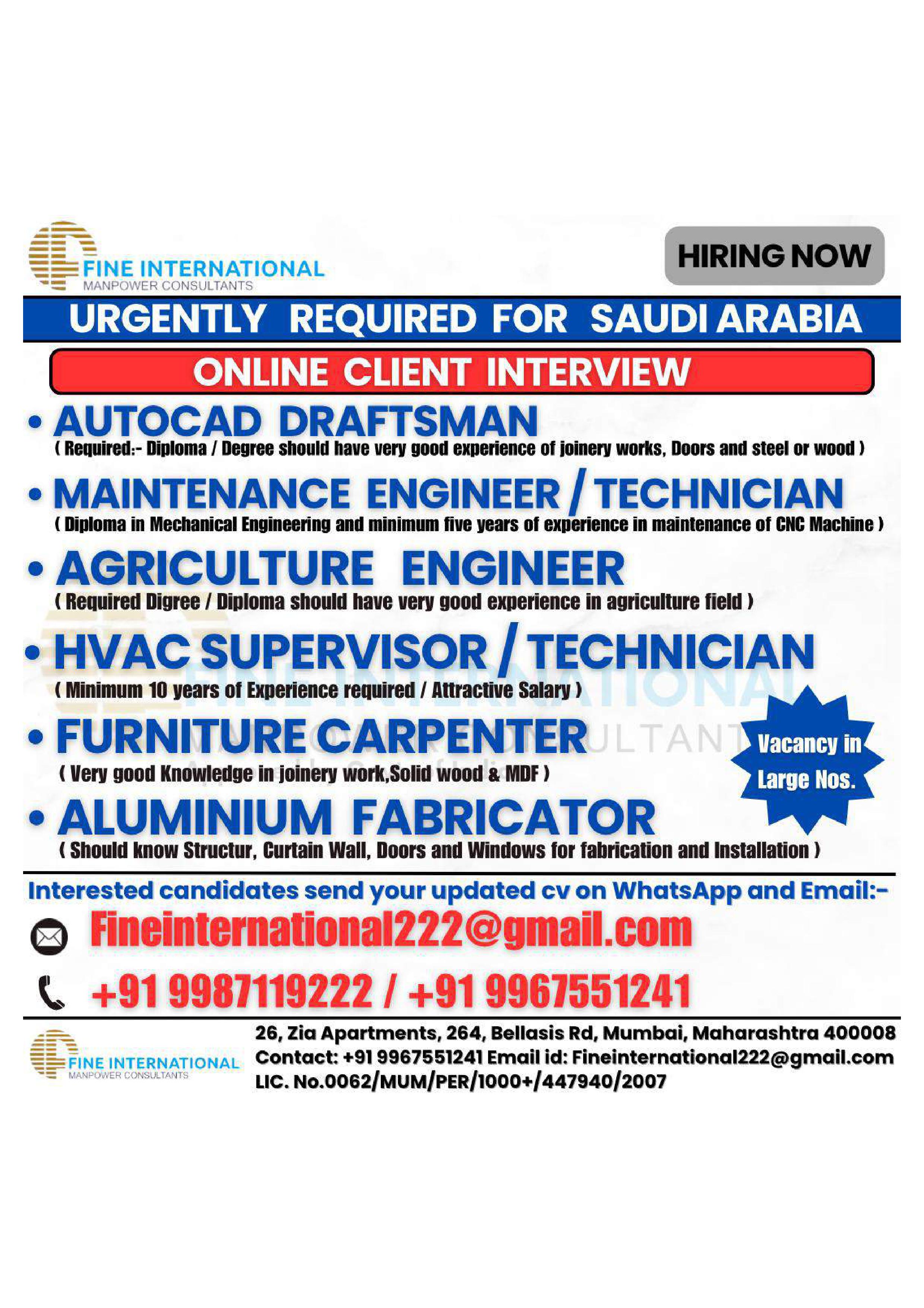 Urgently Required for Saudi Arabia Company