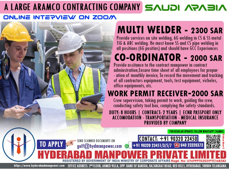 Urgent Hiring for A Large Aramco Contracting Company of Saudi Arabia