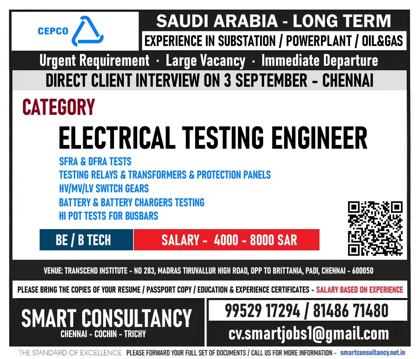 WANTED FOR A LEADING POWER PLANT/ SUBSTATION COMPANY - SAUDI ARABIA / DIRECT CLIENT INTERVIEW ON 3 SEP - CHENNAI