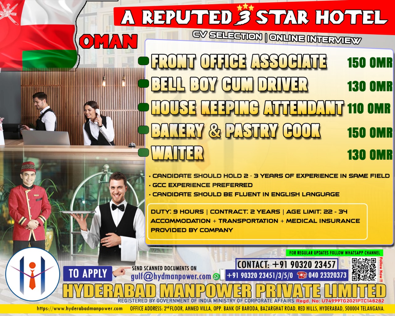 Urgent Hiring for A Leading Reputed 3 Star Hotel OMAN