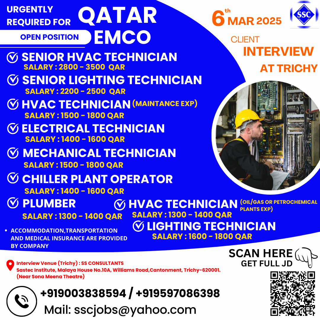 Urgent Hiring for HVAC, Electrical, Mechanical Technicians & More in Qatar - Apply Now!