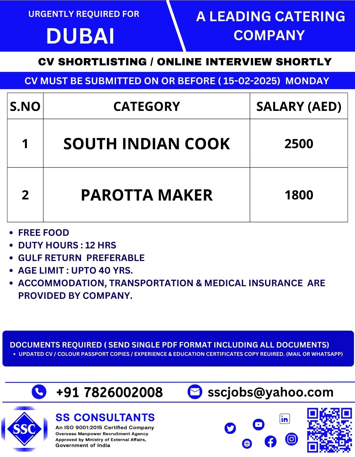 Urgent Dubai Catering Jobs: South Indian Cook & Parotta Maker – Apply Now!