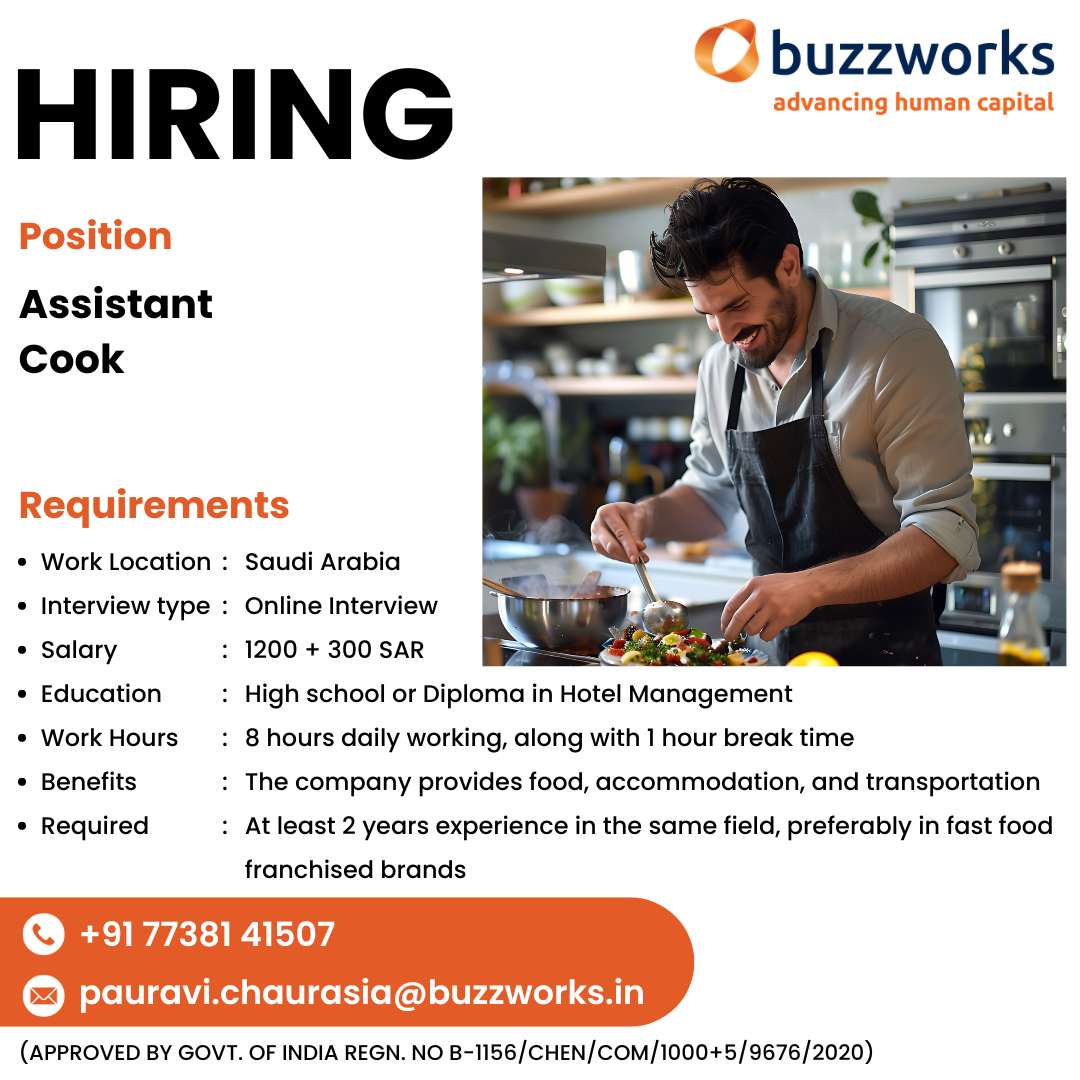 Hiring for Assistant Cook for Saudi Arabia