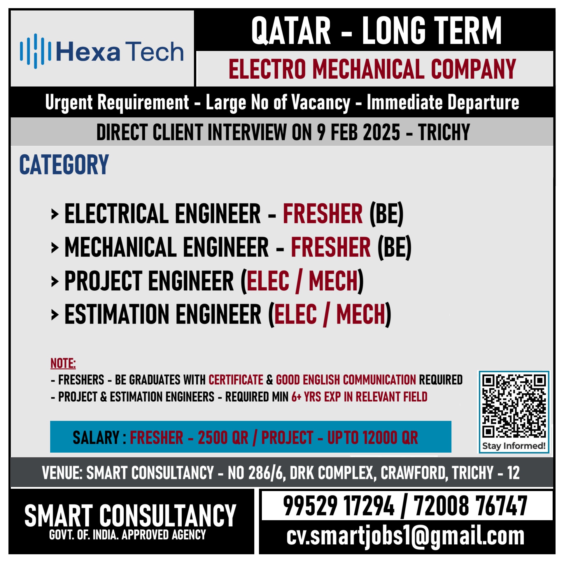 WANTED FOR A LEADING COMPANY - QATAR  / DIRECT CLIENT INTERVIEW ON 9 FEB - TRICHY