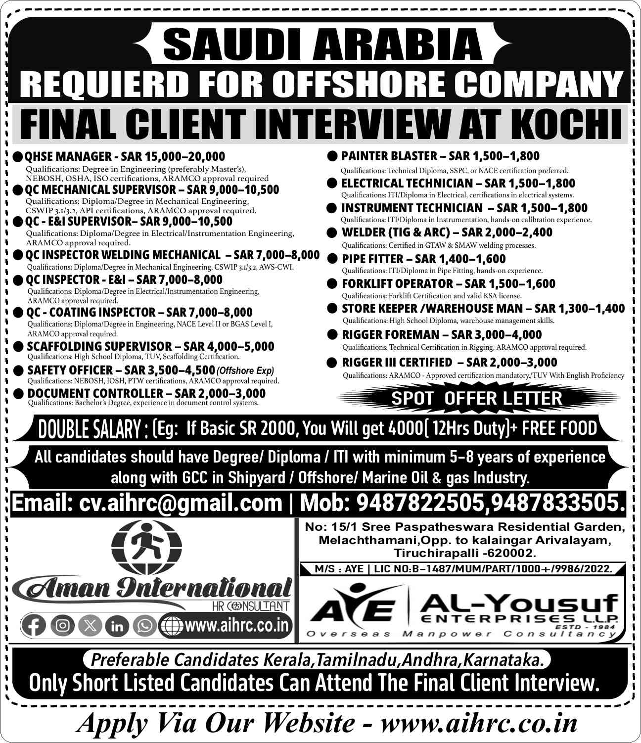 Hiring For Offshore Projects 