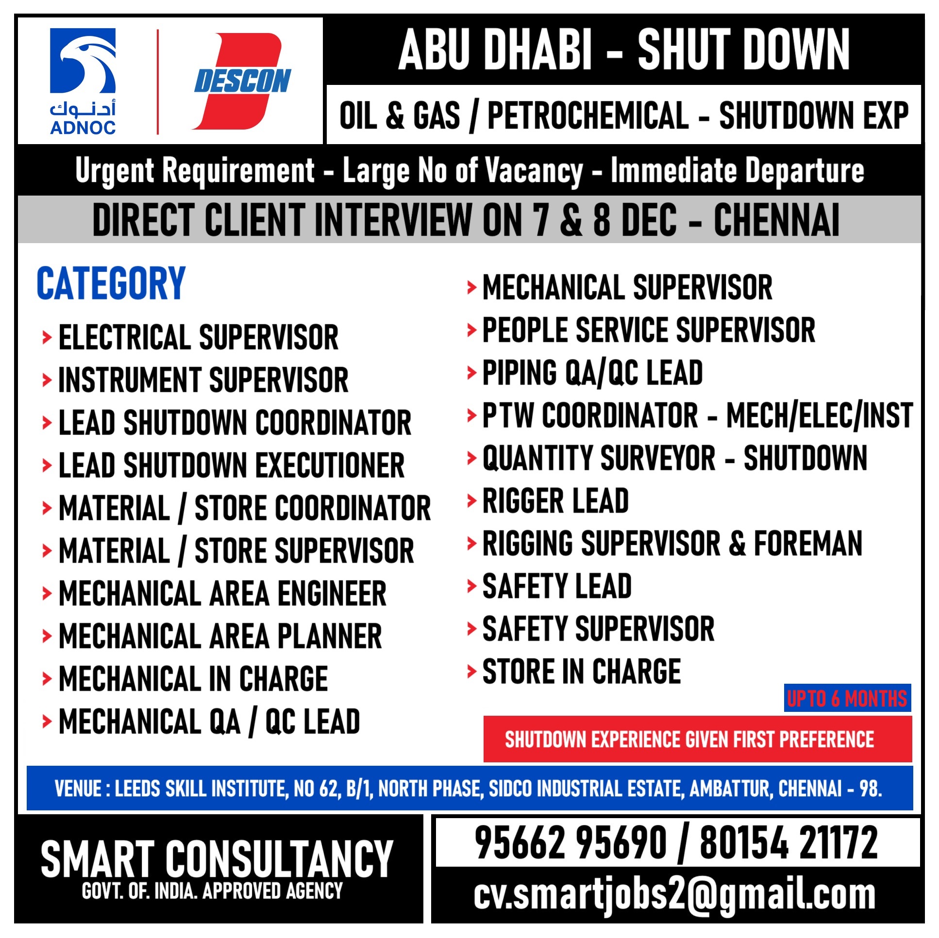 WANTED FOR A LEADING OIL & GAS MAINTENANCE COMPANY - ABU DHABI  / DIRECT CLIENT INTERVIEW ON 7TH & 8TH - DEC  - CHENNAI 