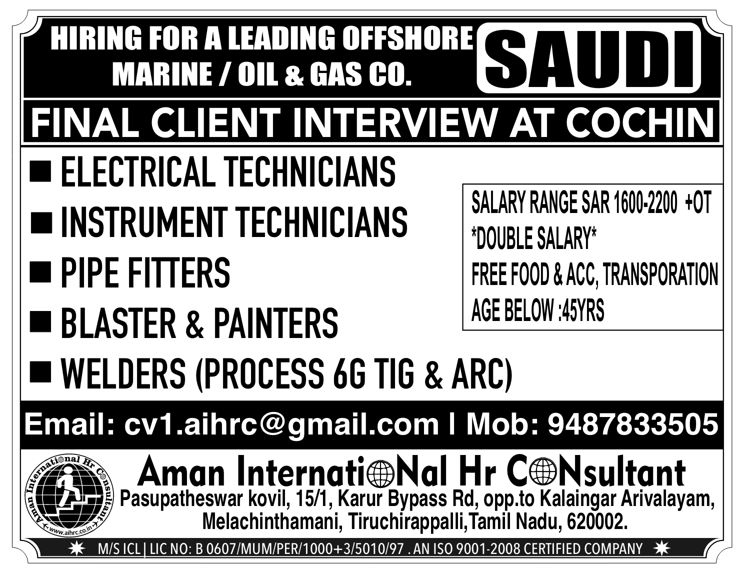 We are hiring Offshore Saudi Arabia 