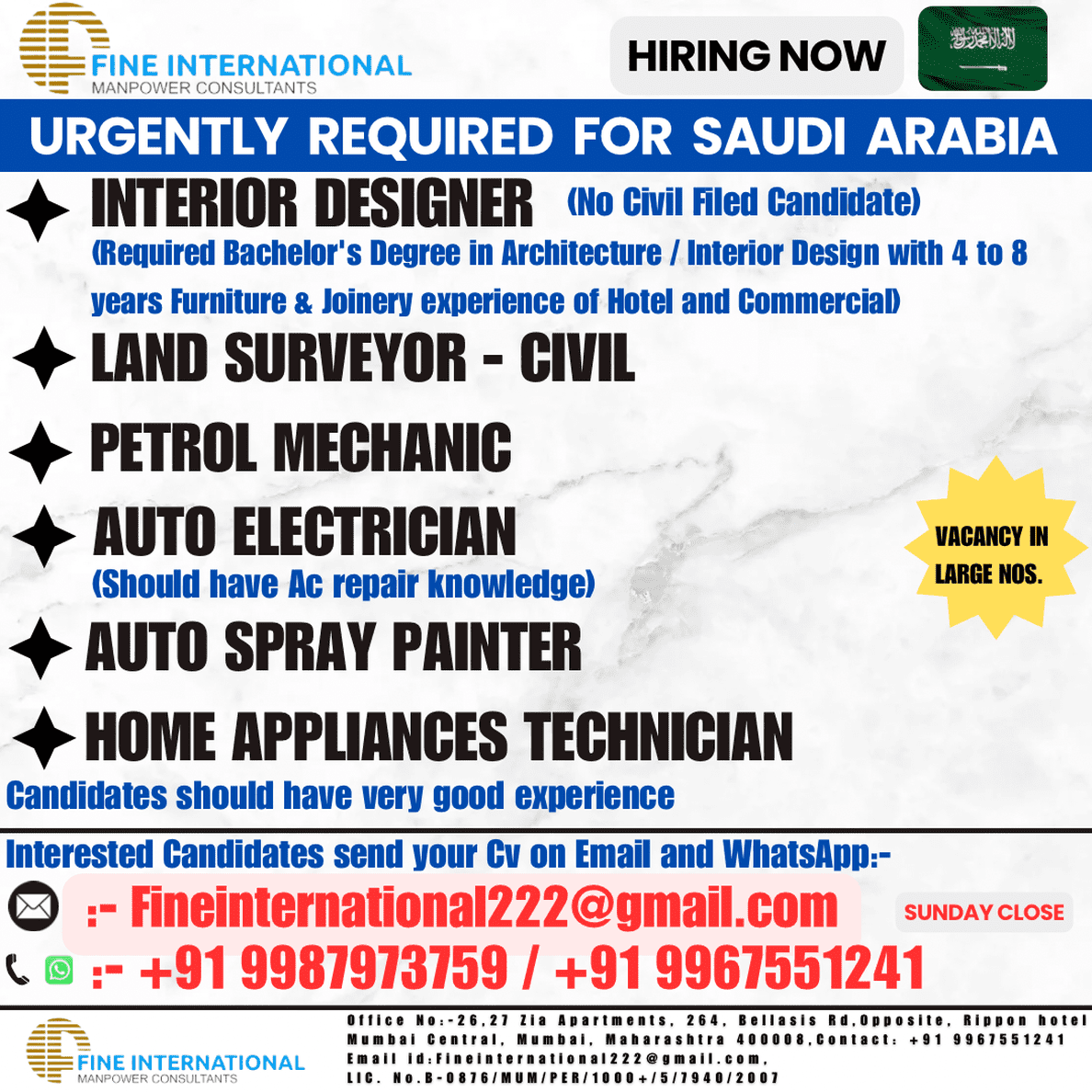 URGENTLY REQUIRED FOR Leading Company of SAUDI ARABIA 