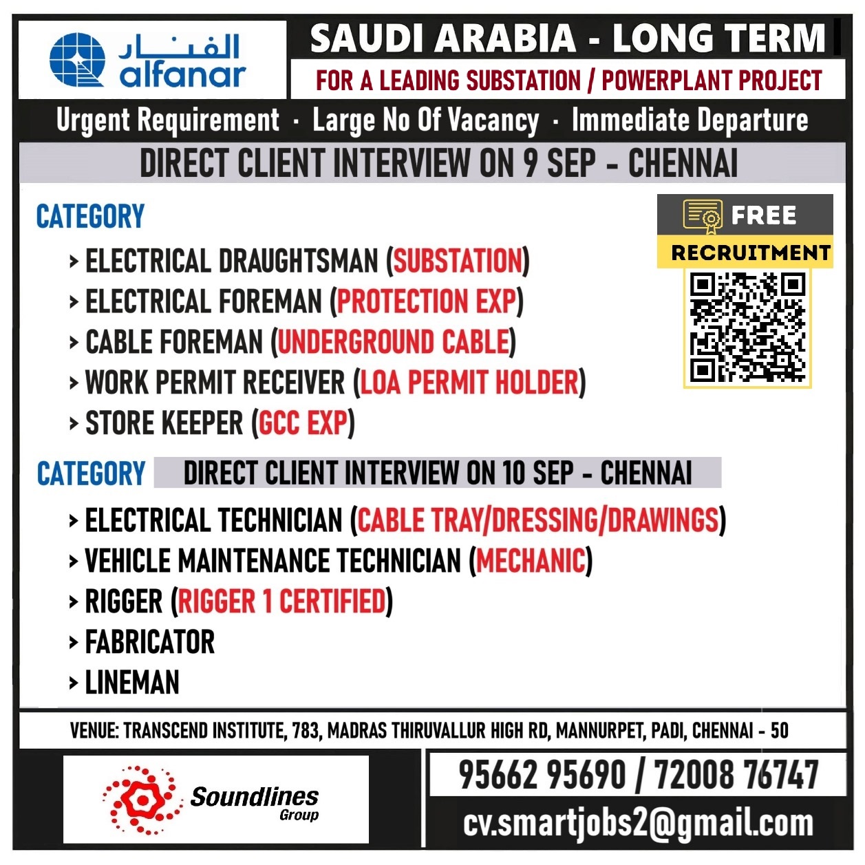 WANTED FOR A LEADING SUBSTATION & POWERPLANT PROJECT - SAUDI / DIRECT CLIENT INTERVIEW ON 9TH & 10TH SEP - CHENNAI