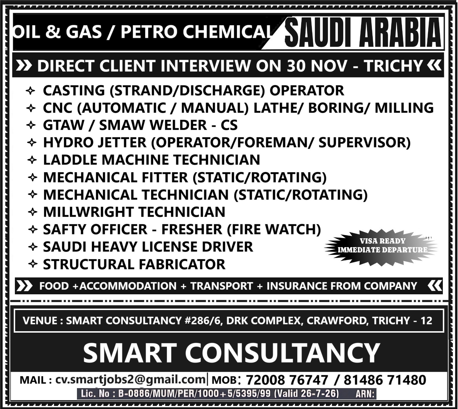 WANTED FOR A LEADING COMPANY - SAUDI ARABIA / DIRECT CLIENT INTERVIEW ON 30 NOV - TRICHY 