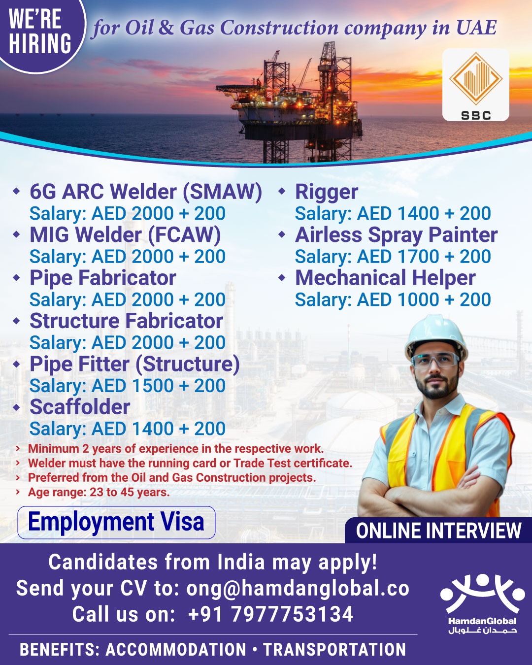 We're hiring for Oil & Gas Construction company in UAE