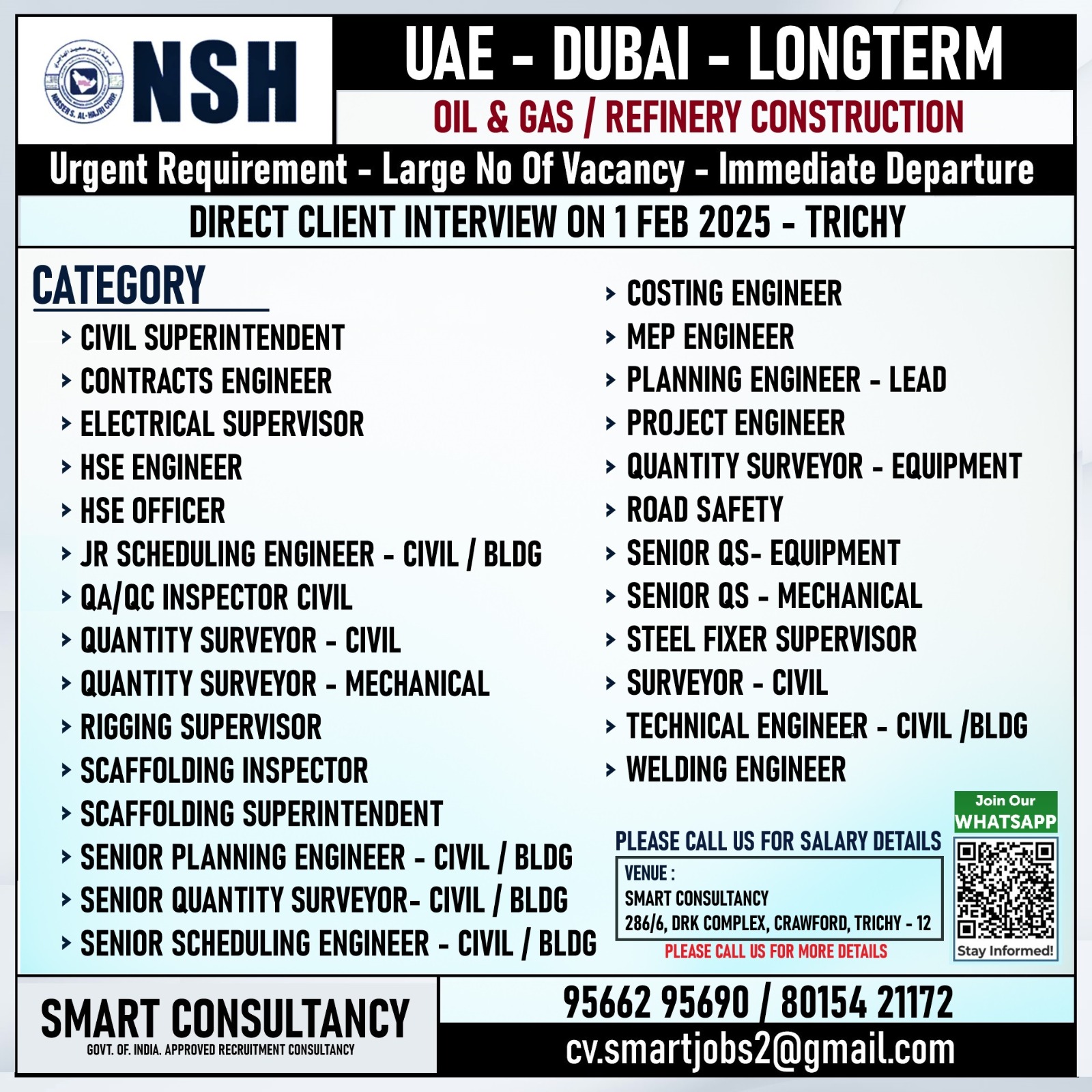 WANTED FOR A LEADING OIL & GAS - REFINERY CONSTRUCTION COMPANY -DUBAI / DIRECT CLIENT INTERVIEW ON 1 FEB - TRICHY