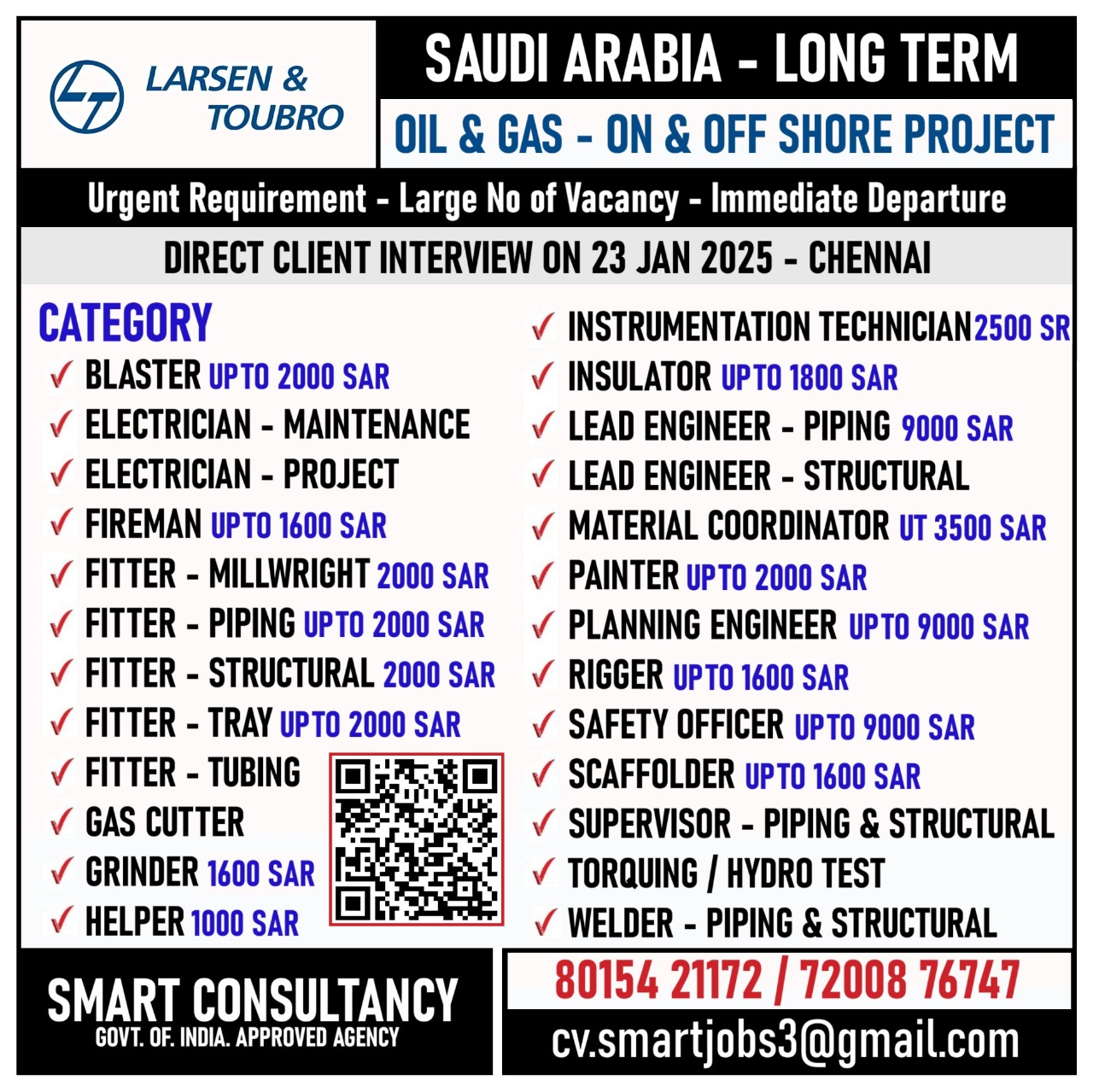 WANTED FOR A LEADING OIL & GAS COMPANY - SAUDI ARABIA - / DIRECT CLIENT INTERVIEW ON 23 JAN 2025 - CHENNAI