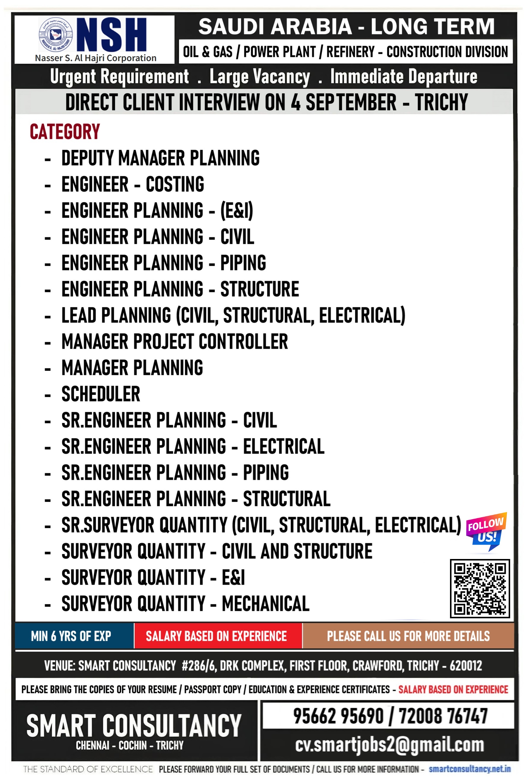 WANTED FOR A LEADING OIL & GAS / REFINERY PETROCHEMICAL CONSTRUCTION COMPANY - SAUDI ARABIA / DIRECT CLIENT INTERVIEW ON 4 SEP - TRICHY