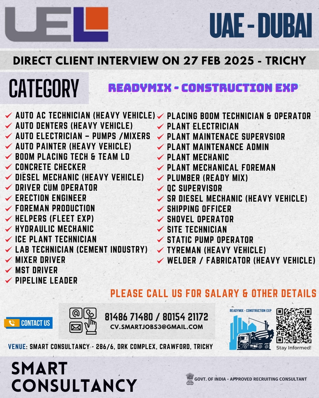 WANTED FOR A LEADING READYMIX COMPANY - SAUDI / DIRECT CLIENT INTERVIEW ON 27 FEB - TRICHY