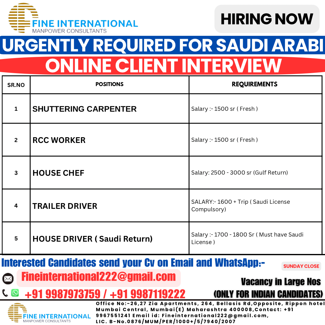 Urgently Required for Saudi Arabia 