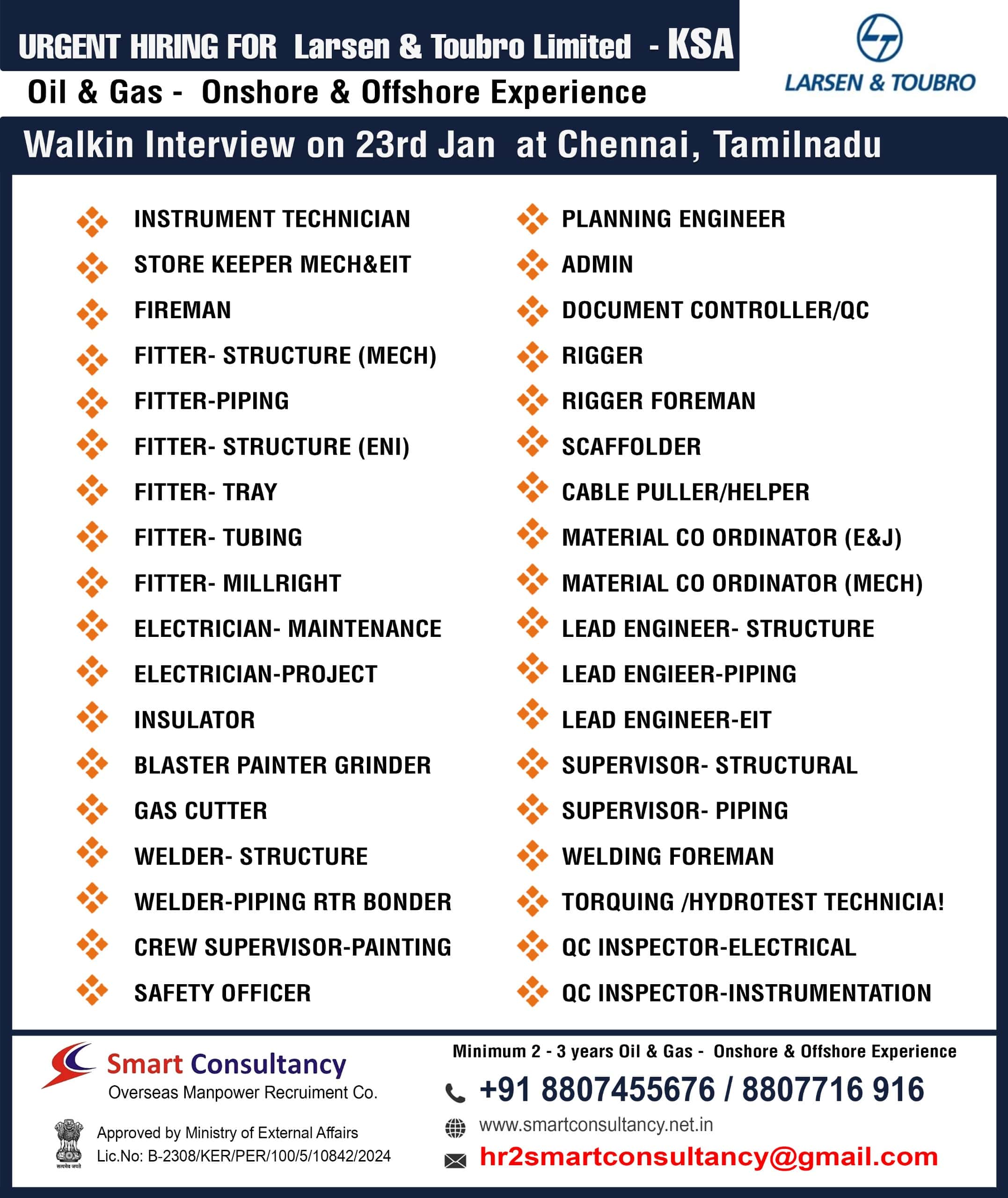 WE ARE HIRING FOR LARSEN & TOUBRO LIMITED - KSA WALKIN INTERVIEW ON 23rd JAN AT CHENNAI ,TAMILNADU