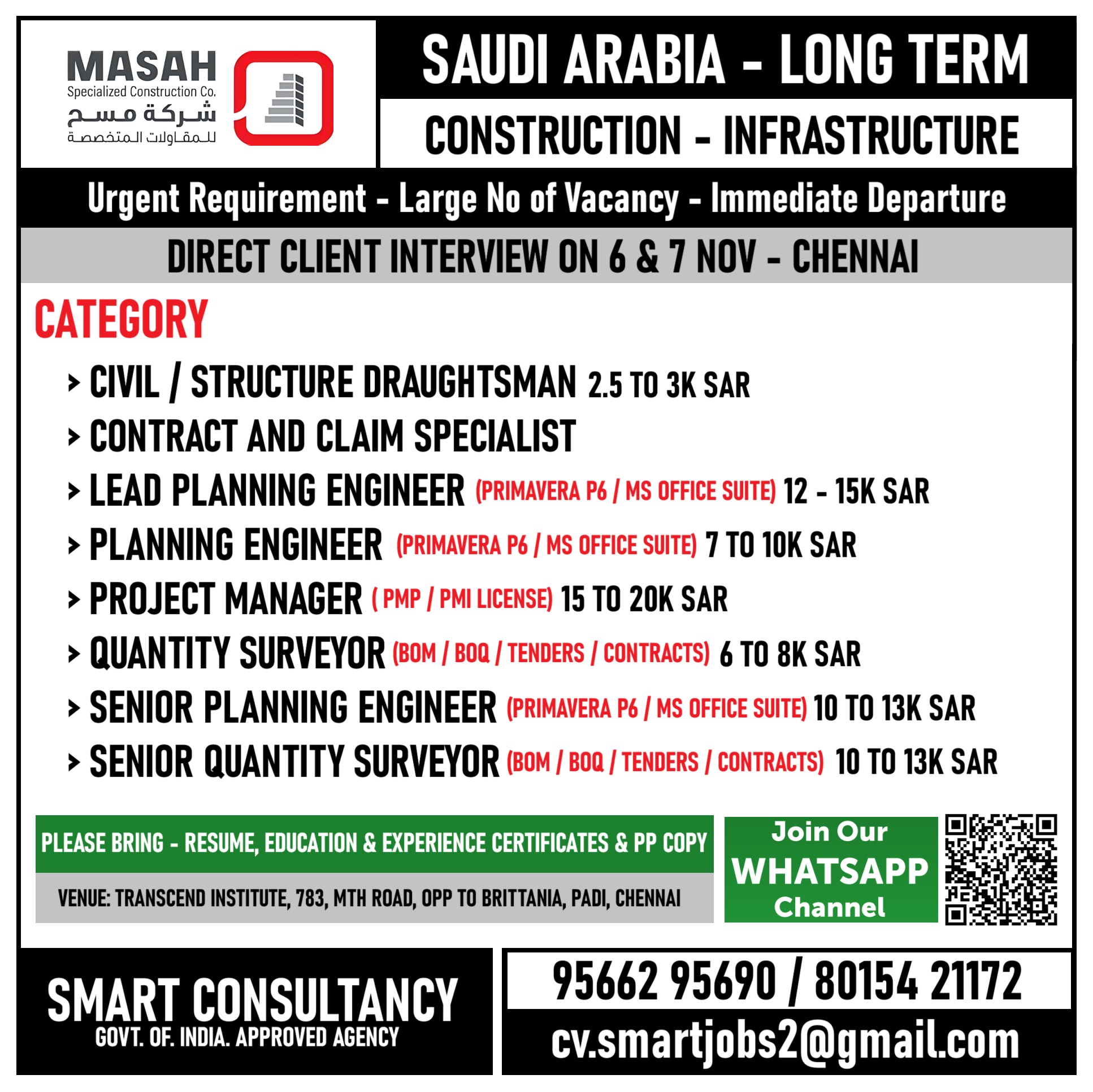 WANTED FOR A LEADING CONSTRUCTION / INFRASTRUCTURE COMPANY - SAUDI / DIRECT CLIENT INTERVIEW ON 6 NOV - CHENNAI