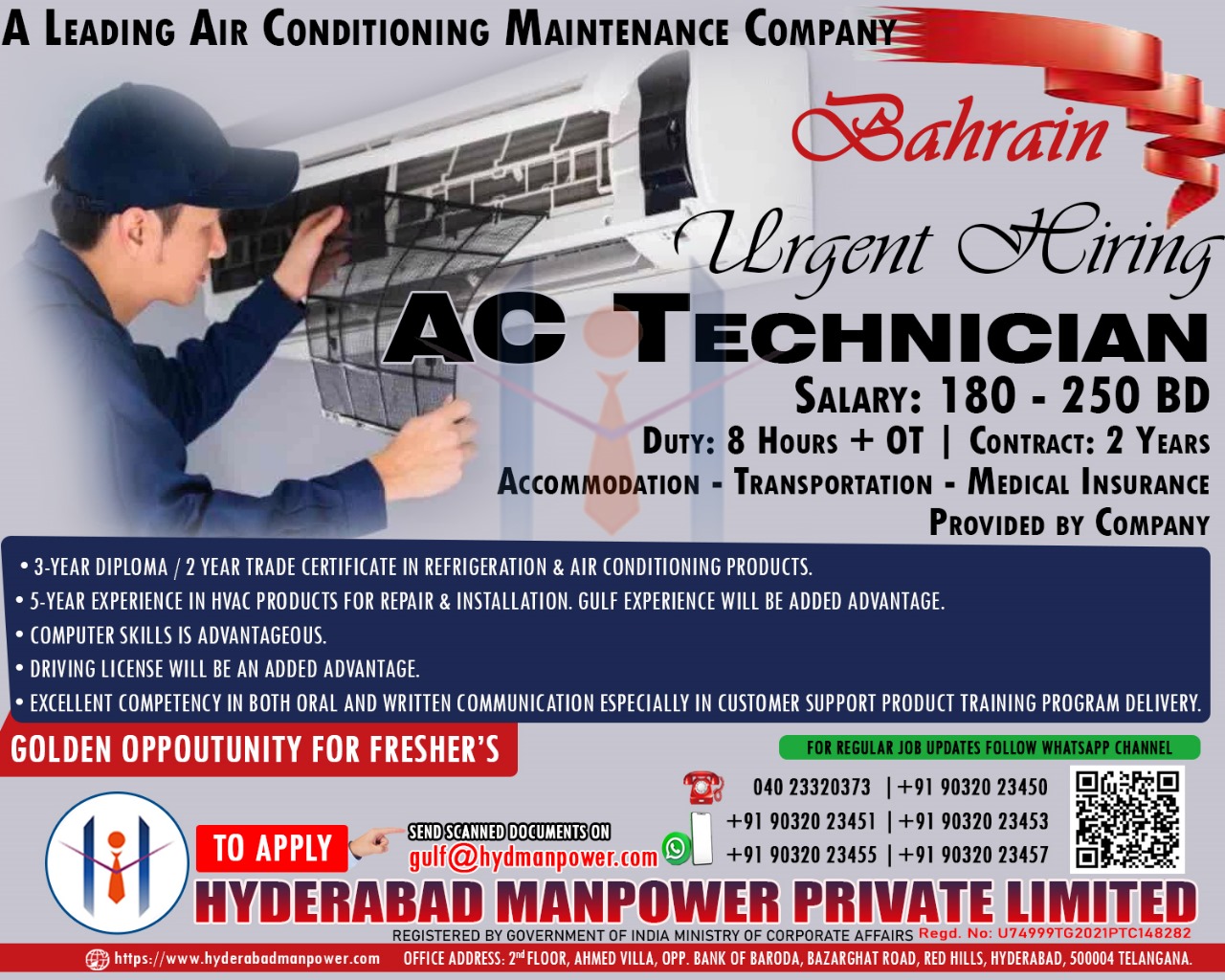 Urgent Hiring for A Leading Conditioning Maintenance Company of Bahain