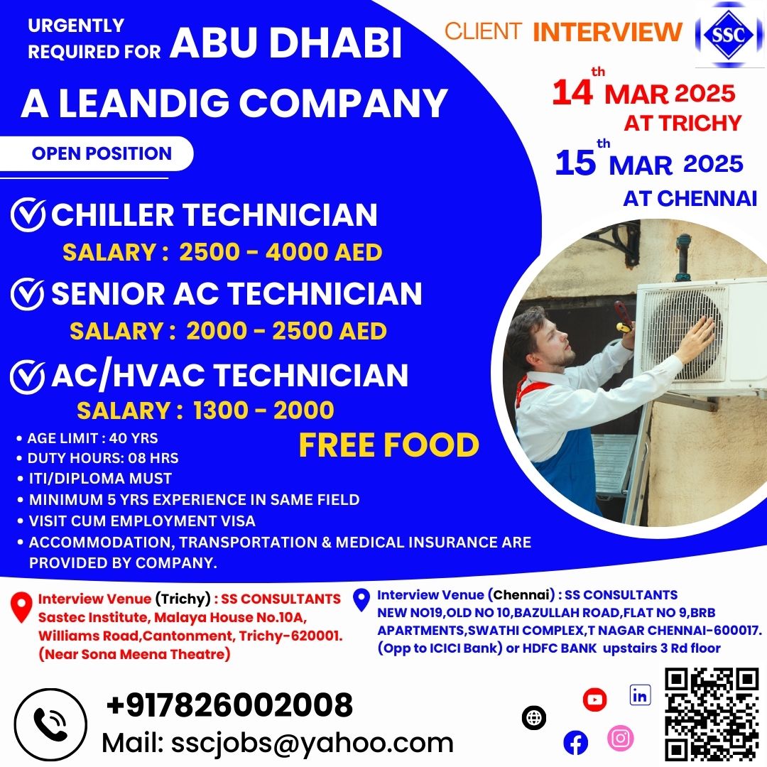 Urgently Hiring Chiller Technicians, Senior AC Technicians, and HVAC Technicians for Abu Dhabi - Salary up to 4000 AED